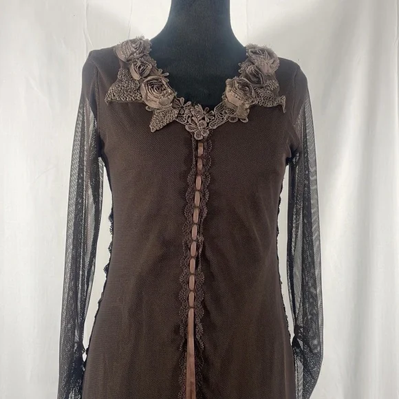 Pretty Angel Brown Dress,tunic dress, top,lace,floral design,sheer,ruffles,small - Picture 2 of 10